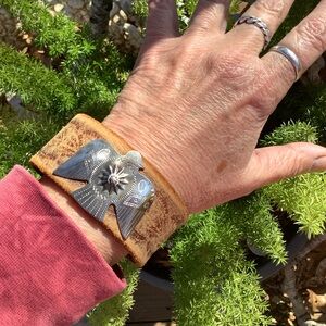 Brown Leather Cuff Bracelet with Thunderbird, up to 7” wrist
